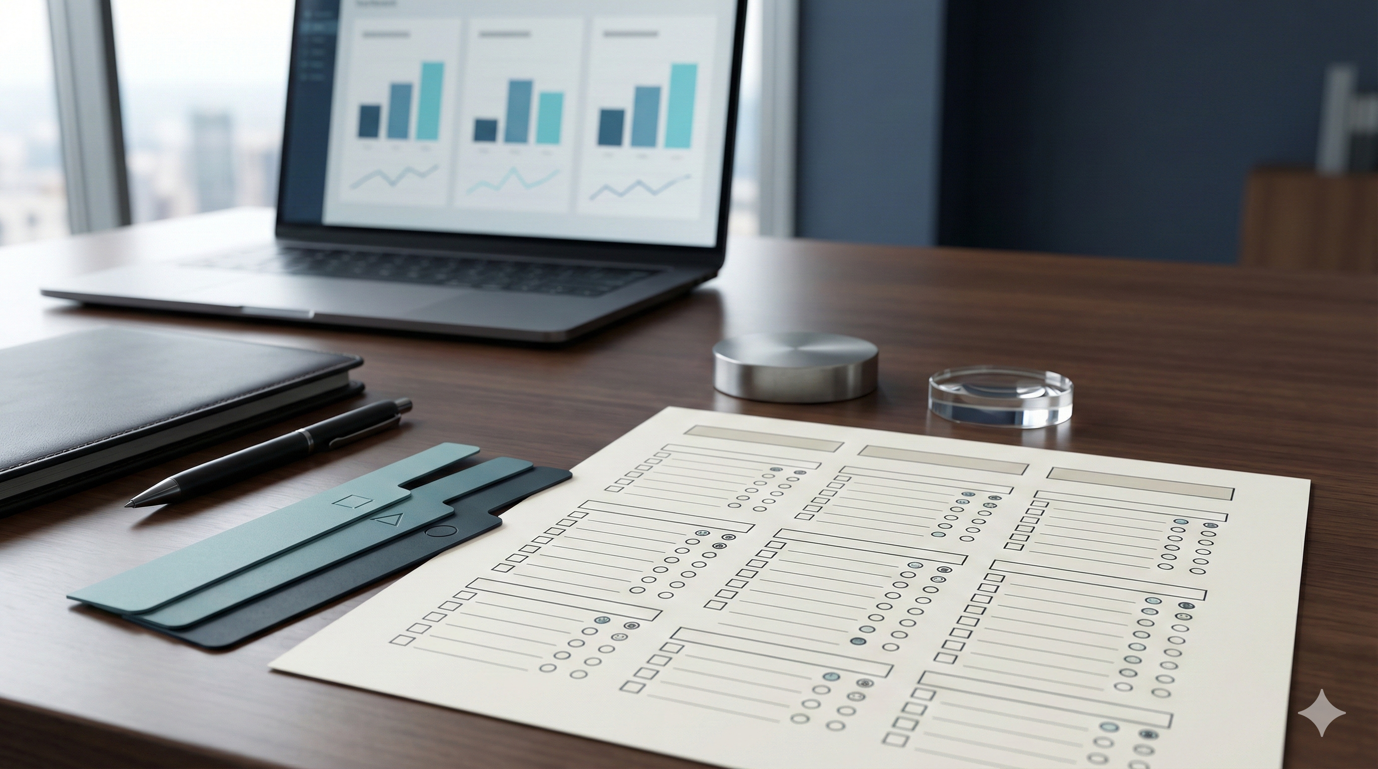 Investment review worksheet beside portfolio charts on a desk