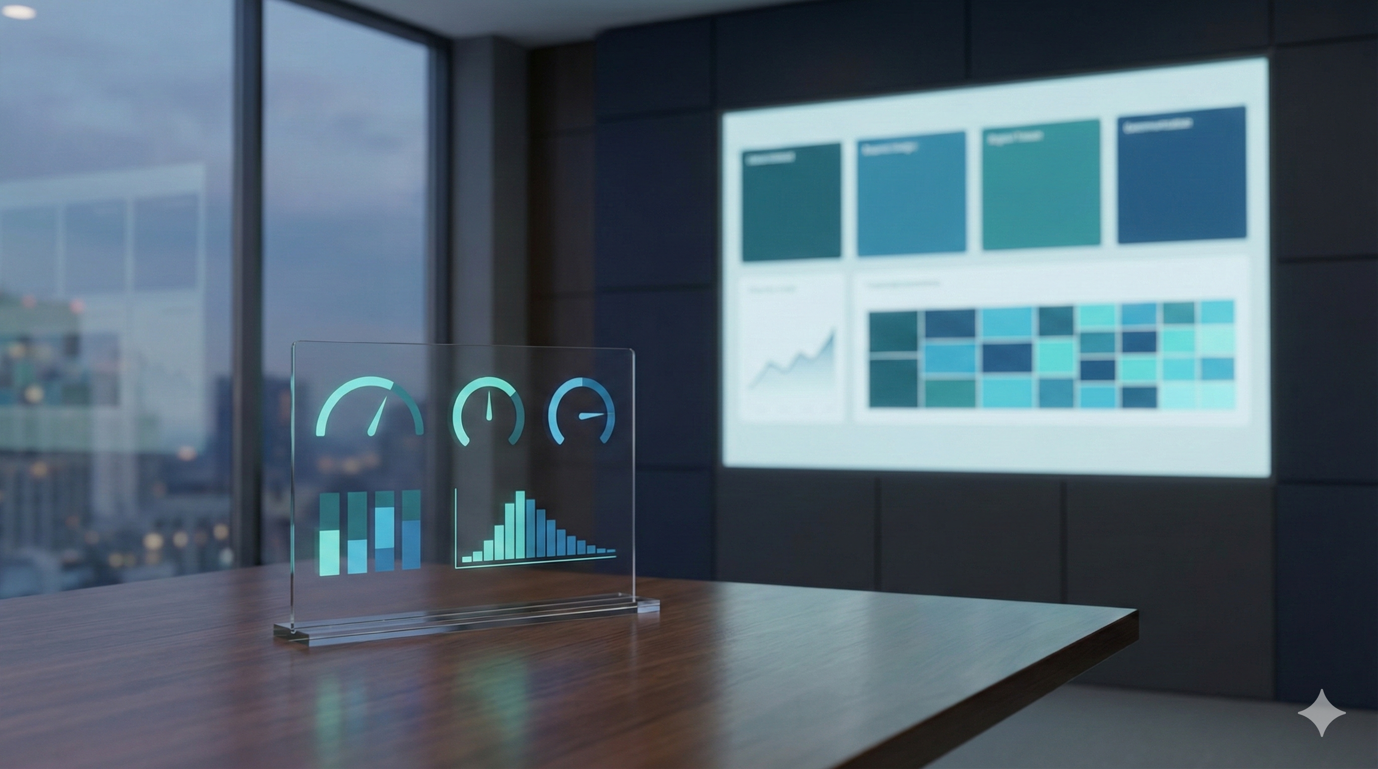 Investment dashboard and analytics display in a conference room